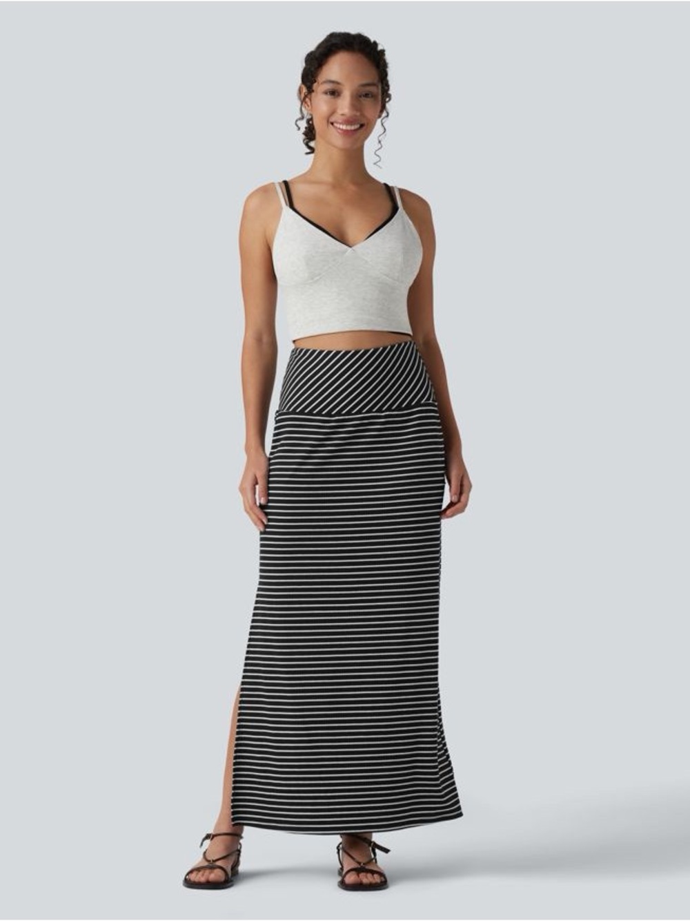 NWT High Waisted Split Stripes Maxi Casual Skirt with Pocket